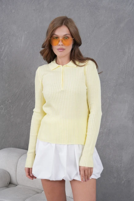 Kadın Polo Yaka Fermuar Detay Kaşkorse Triko Kazak