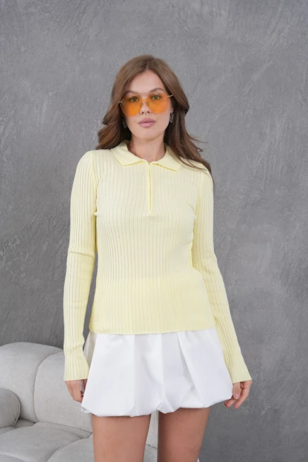 Kadın Polo Yaka Fermuar Detay Kaşkorse Triko Kazak