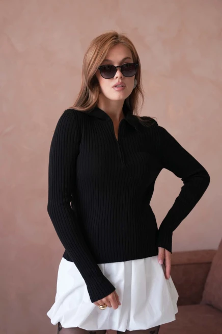 Kadın Polo Yaka Fermuar Detay Kaşkorse Triko Kazak