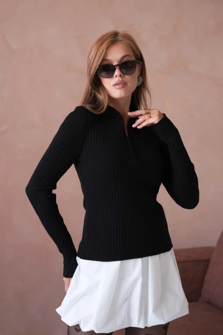 Kadın Polo Yaka Fermuar Detay Kaşkorse Triko Kazak