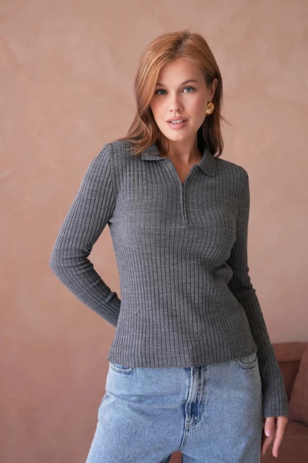 Kadın Polo Yaka Fermuar Detay Kaşkorse Triko Kazak