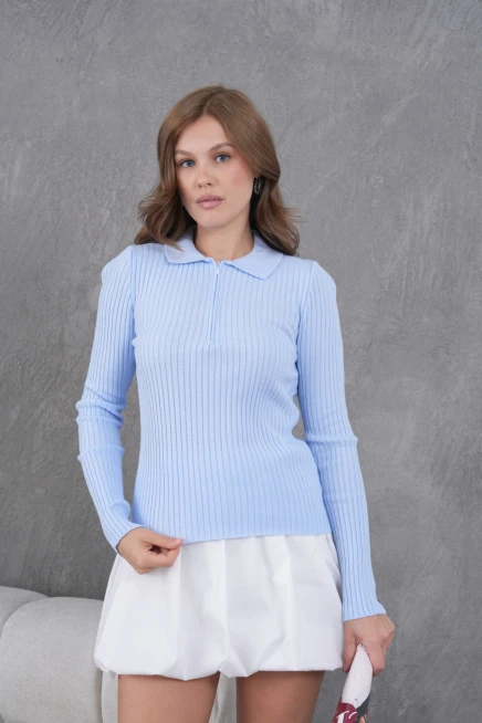 Kadın Polo Yaka Fermuar Detay Kaşkorse Triko Kazak