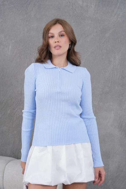 Kadın Polo Yaka Fermuar Detay Kaşkorse Triko Kazak