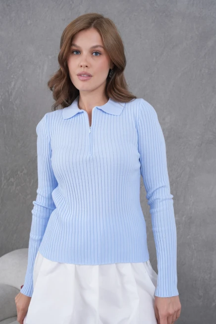 Kadın Polo Yaka Fermuar Detay Kaşkorse Triko Kazak