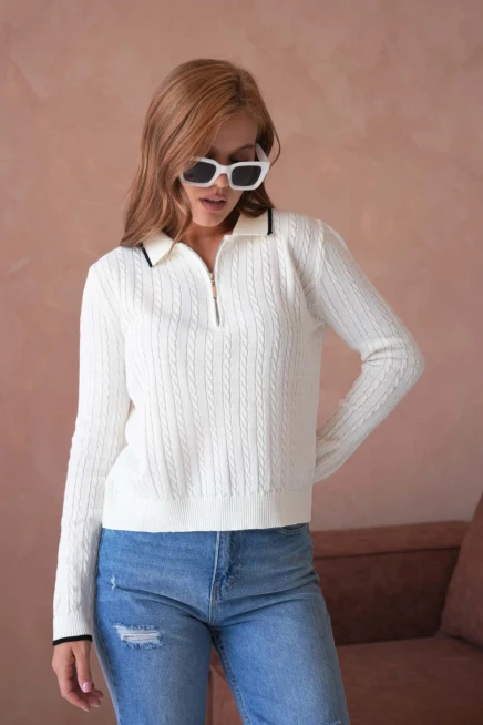 Kadın Polo Yaka Fermuar Detay Triko Kazak