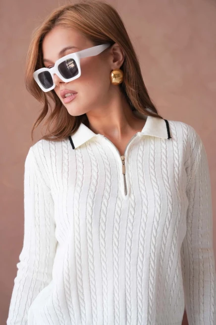 Kadın Polo Yaka Fermuar Detay Triko Kazak