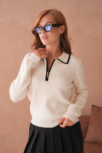 Kadın Polo Yaka Fermuar Detay Triko Kazak