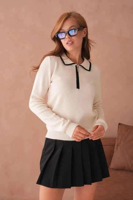 Kadın Polo Yaka Fermuar Detay Triko Kazak