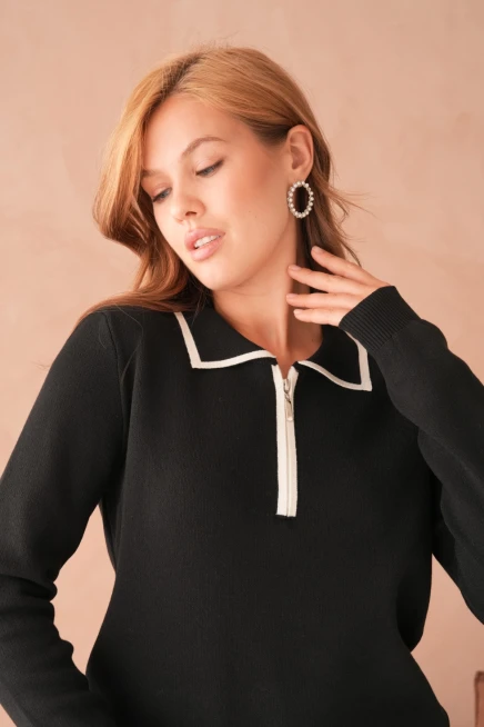 Kadın Polo Yaka Fermuar Detay Triko Kazak