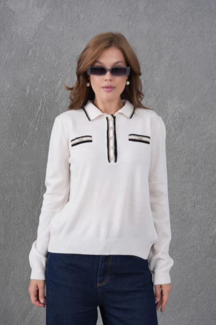 Kadın Polo Yaka Garni Detay Triko Kazak