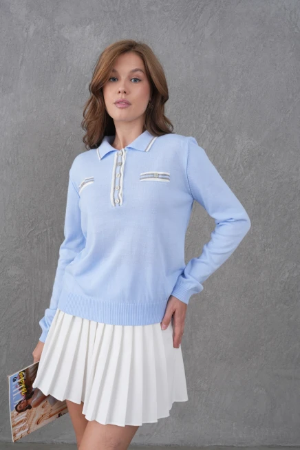 Kadın Polo Yaka Garni Detay Triko Kazak