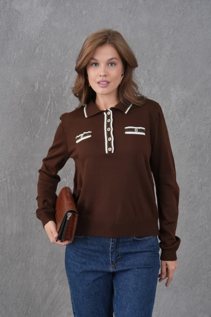 Kadın Polo Yaka Garni Detay Triko Kazak