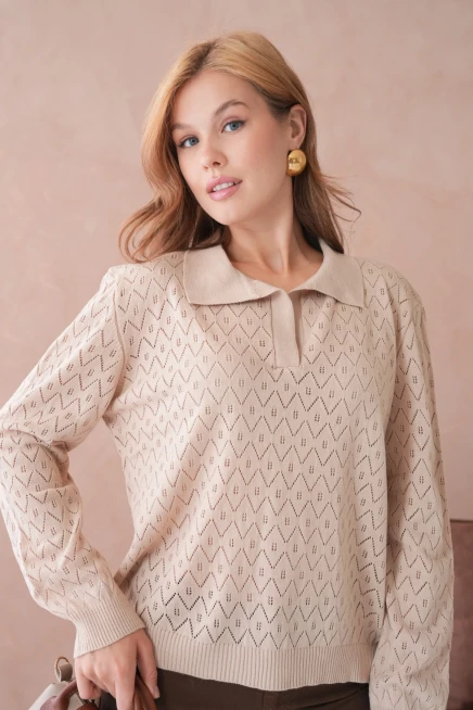 Kadın Polo Yaka Örgü Detay Oversize Triko Kazak