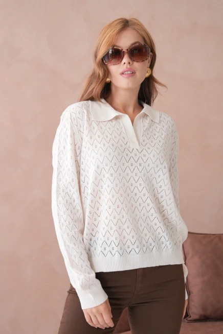 Kadın Polo Yaka Örgü Detay Oversize Triko Kazak