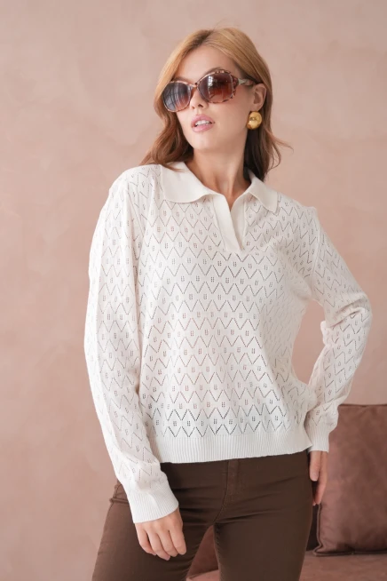 Kadın Polo Yaka Örgü Detay Oversize Triko Kazak