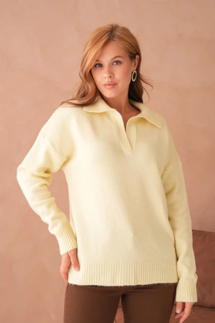 Kadın Polo Yaka Oversize Triko Kazak