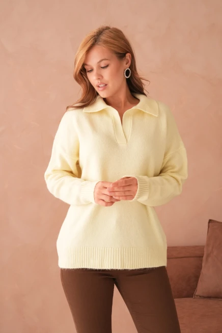 Kadın Polo Yaka Oversize Triko Kazak