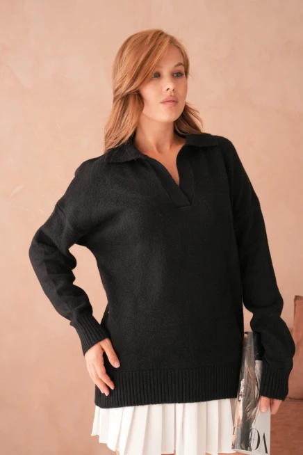 Kadın Polo Yaka Oversize Triko Kazak