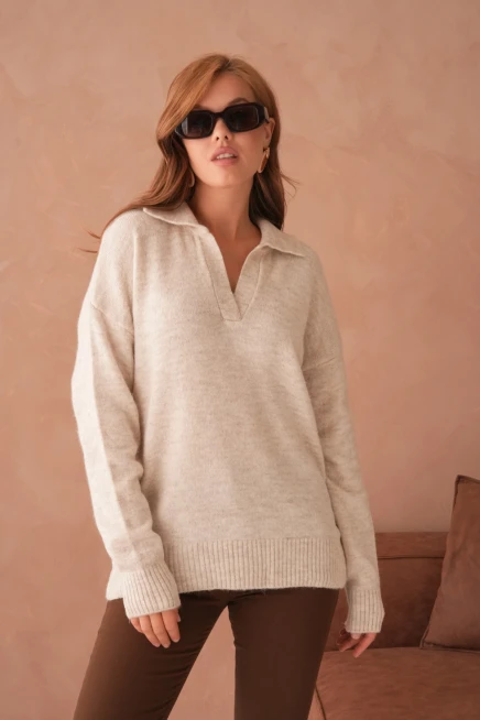 Kadın Polo Yaka Oversize Triko Kazak