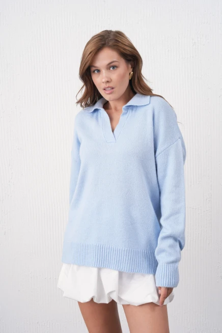 Kadın Polo Yaka Oversize Triko Kazak