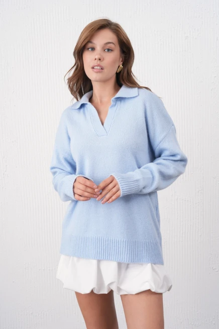 Kadın Polo Yaka Oversize Triko Kazak