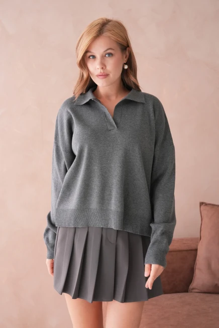 Kadın Polo Yaka Oversize Triko Kazak