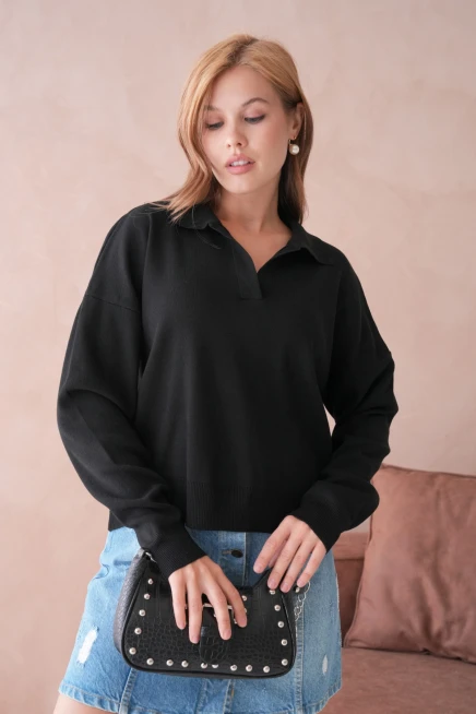 Kadın Polo Yaka Oversize Triko Kazak