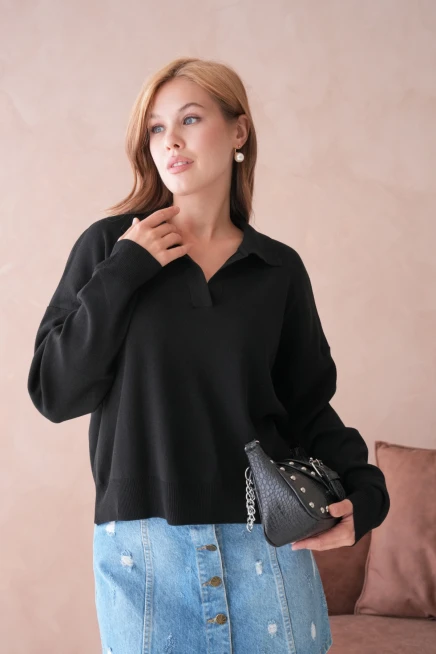 Kadın Polo Yaka Oversize Triko Kazak