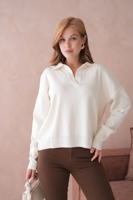 Kadın Polo Yaka Oversize Triko Kazak