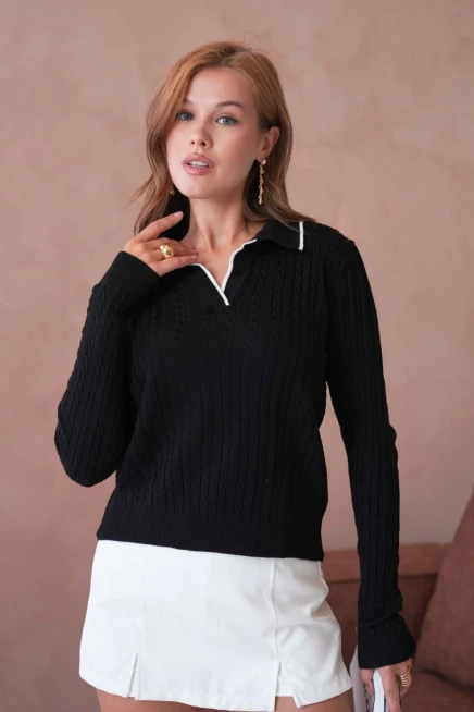 Kadın Polo Yaka Saç Örgü Triko Kazaak