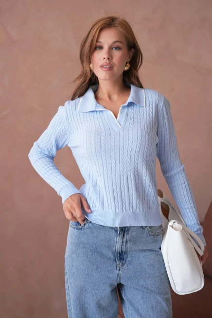 Kadın Polo Yaka Saç Örgü Triko Kazaak