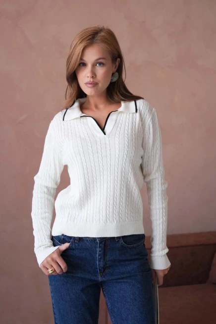 Kadın Polo Yaka Saç Örgü Triko Kazaak