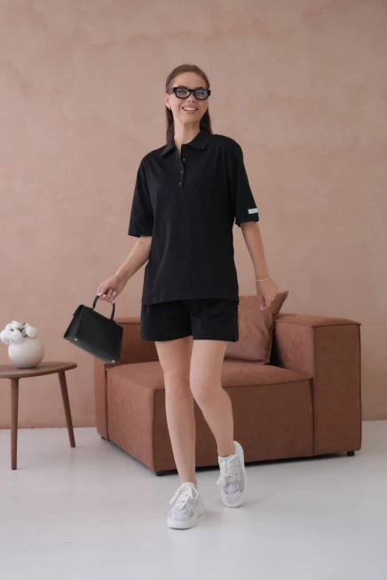 Kadın Polo Yaka T-Shirt-Şort Penye Takım