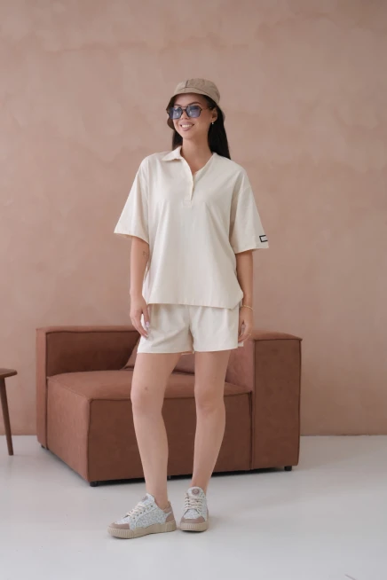 Kadın Polo Yaka T-Shirt-Şort Penye Takım