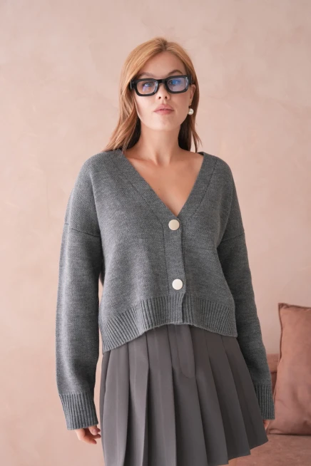 Kadın Polo Yakka Düğme Detay Oversize Triko Hırka