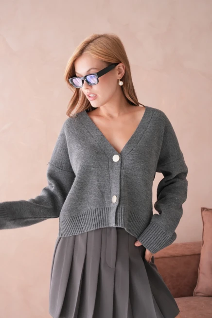 Kadın Polo Yakka Düğme Detay Oversize Triko Hırka