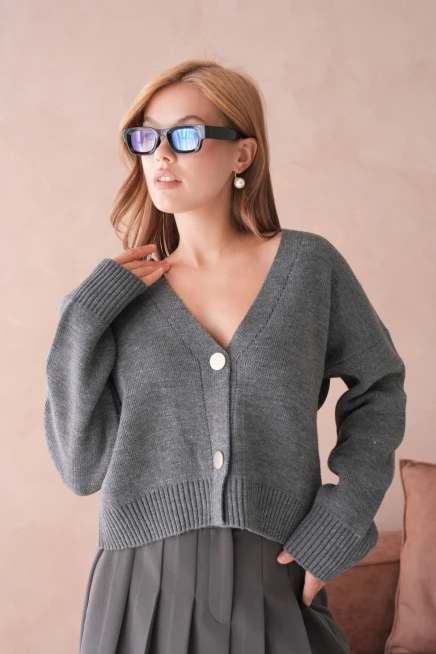 Kadın Polo Yakka Düğme Detay Oversize Triko Hırka