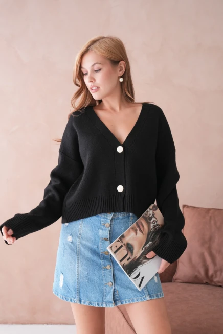 Kadın Polo Yakka Düğme Detay Oversize Triko Hırka