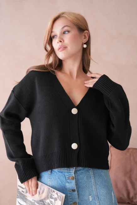 Kadın Polo Yakka Düğme Detay Oversize Triko Hırka