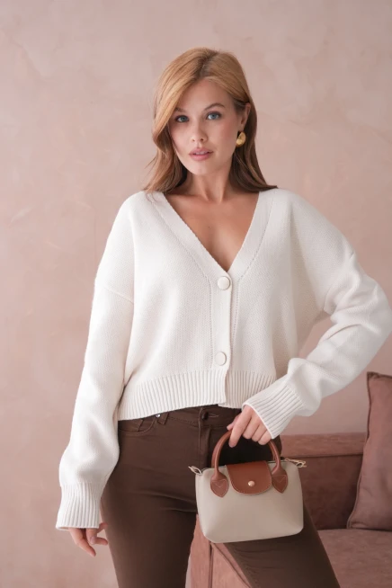 Kadın Polo Yakka Düğme Detay Oversize Triko Hırka