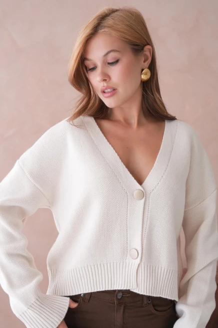 Kadın Polo Yakka Düğme Detay Oversize Triko Hırka