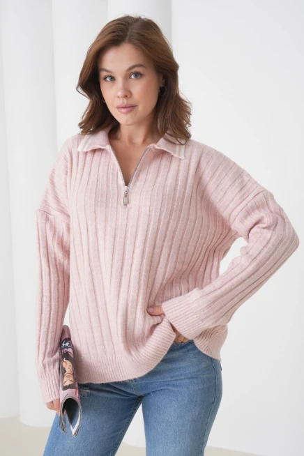 kadın pudra polo yaka fermuarlı oversize triko kazak 8657sw