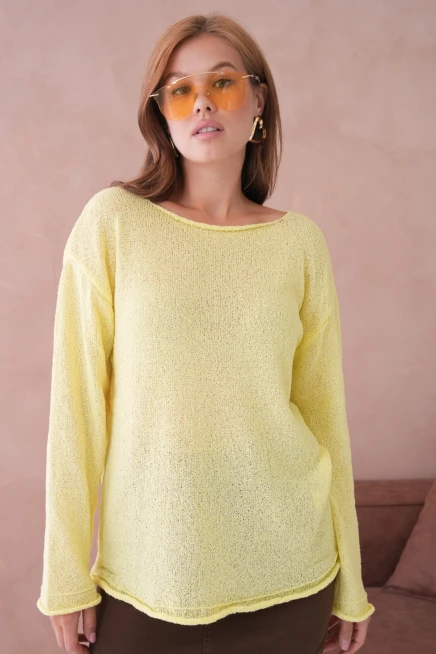 Kadın Sarı Basic Oversize Kayık Yaka Dokulu Triko Kazak 8529sw