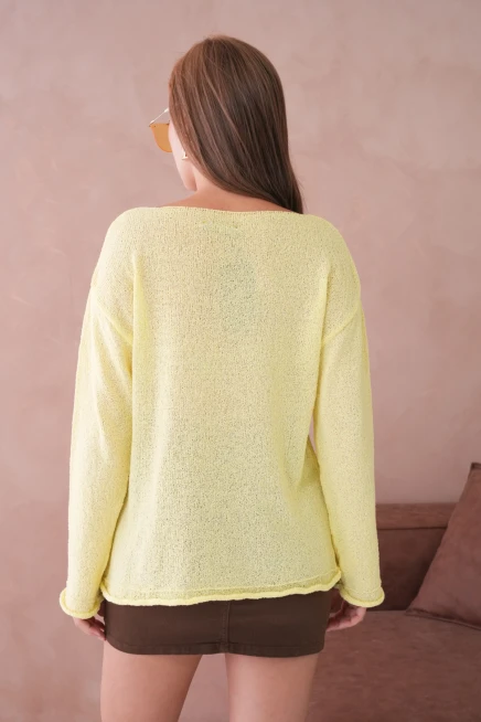 Kadın Sarı Basic Oversize Kayık Yaka Dokulu Triko Kazak 8529sw