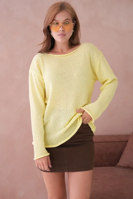 Kadın Sarı Basic Oversize Kayık Yaka Dokulu Triko Kazak 8529sw