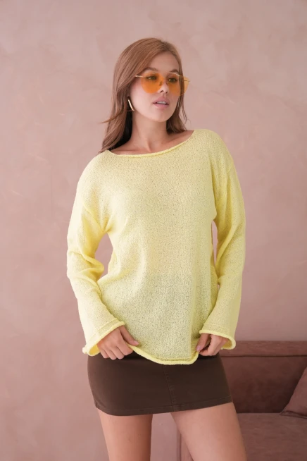 Kadın Sarı Basic Oversize Kayık Yaka Dokulu Triko Kazak 8529sw