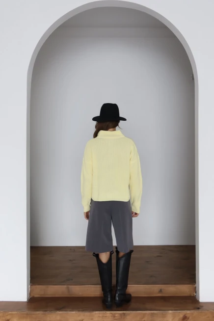 Kadın Sarı Basic Oversize Yarım Pat Fermuarlı Triko Kazak 