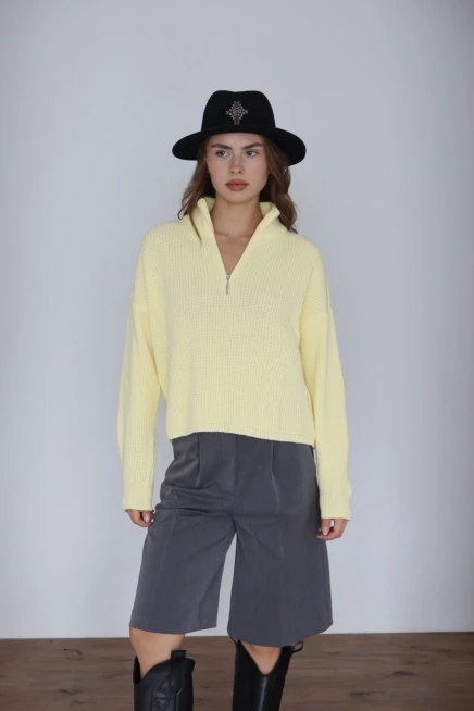 Kadın Sarı Basic Oversize Yarım Pat Fermuarlı Triko Kazak 