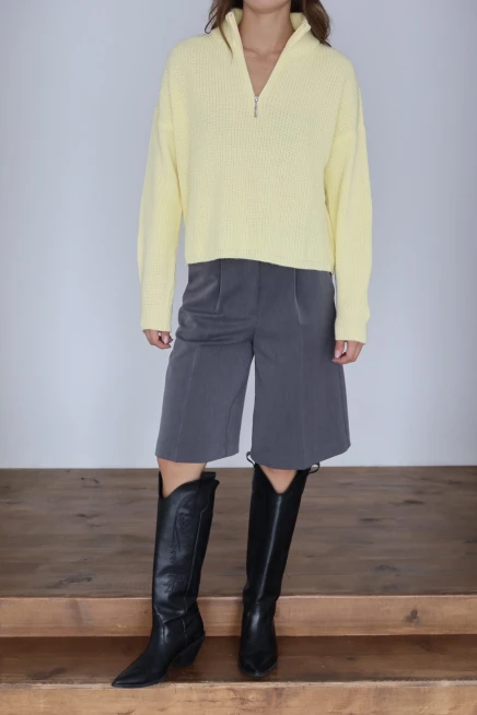 Kadın Sarı Basic Oversize Yarım Pat Fermuarlı Triko Kazak 