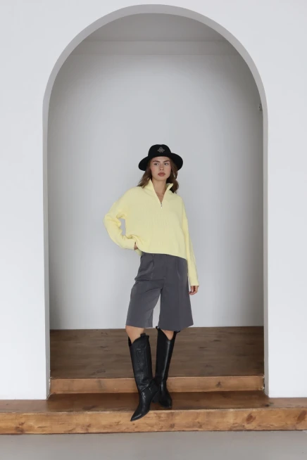 Kadın Sarı Basic Oversize Yarım Pat Fermuarlı Triko Kazak 